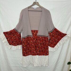 Boho Bell Sleeve Kimono Cardigan Duster Beige Festival Witchy Peasant Rust Red